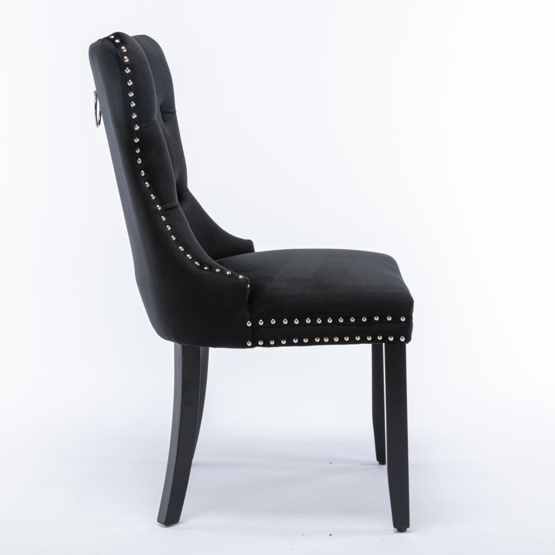 Black Velvet Tufted Dining Chairs with Solid Wood Legs (Set of 2)