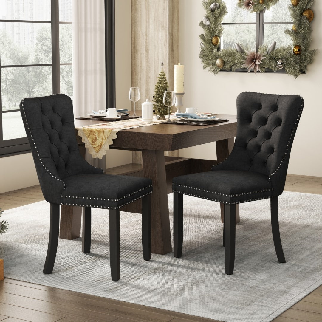 Black Velvet Tufted Dining Chairs with Solid Wood Legs (Set of 2)