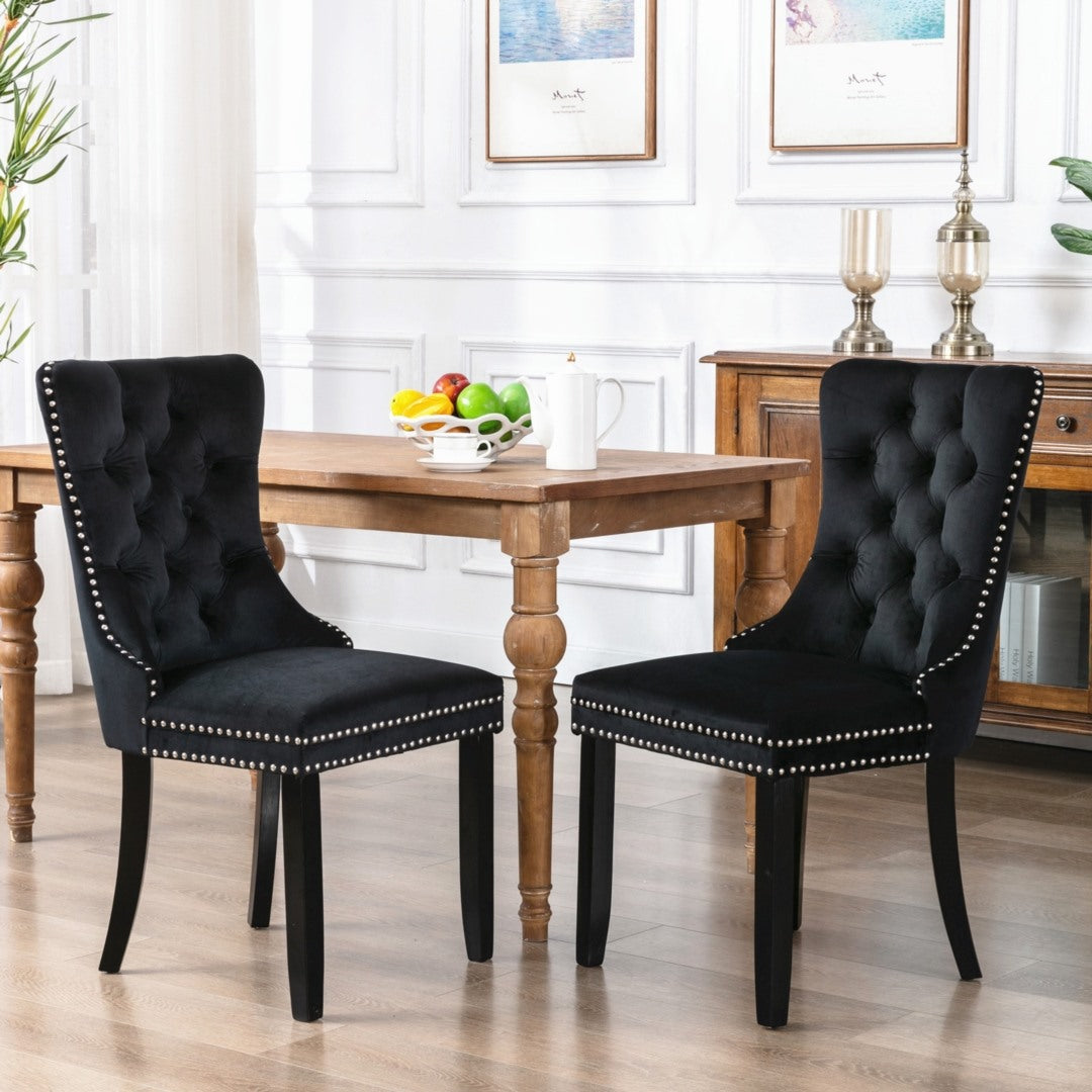 Black Velvet Tufted Dining Chairs with Solid Wood Legs (Set of 2)