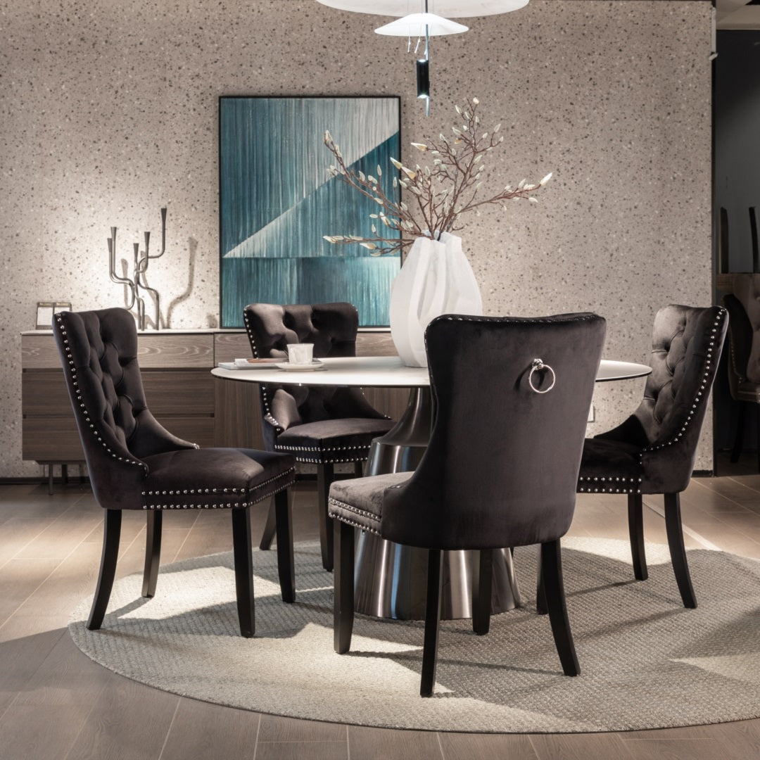 Black Velvet Tufted Dining Chairs with Solid Wood Legs (Set of 2)