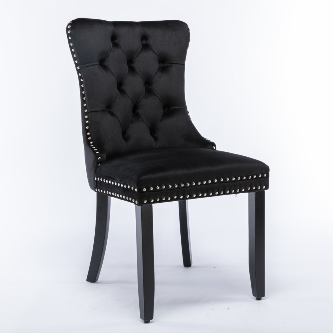 Black Velvet Tufted Dining Chairs with Solid Wood Legs (Set of 2)