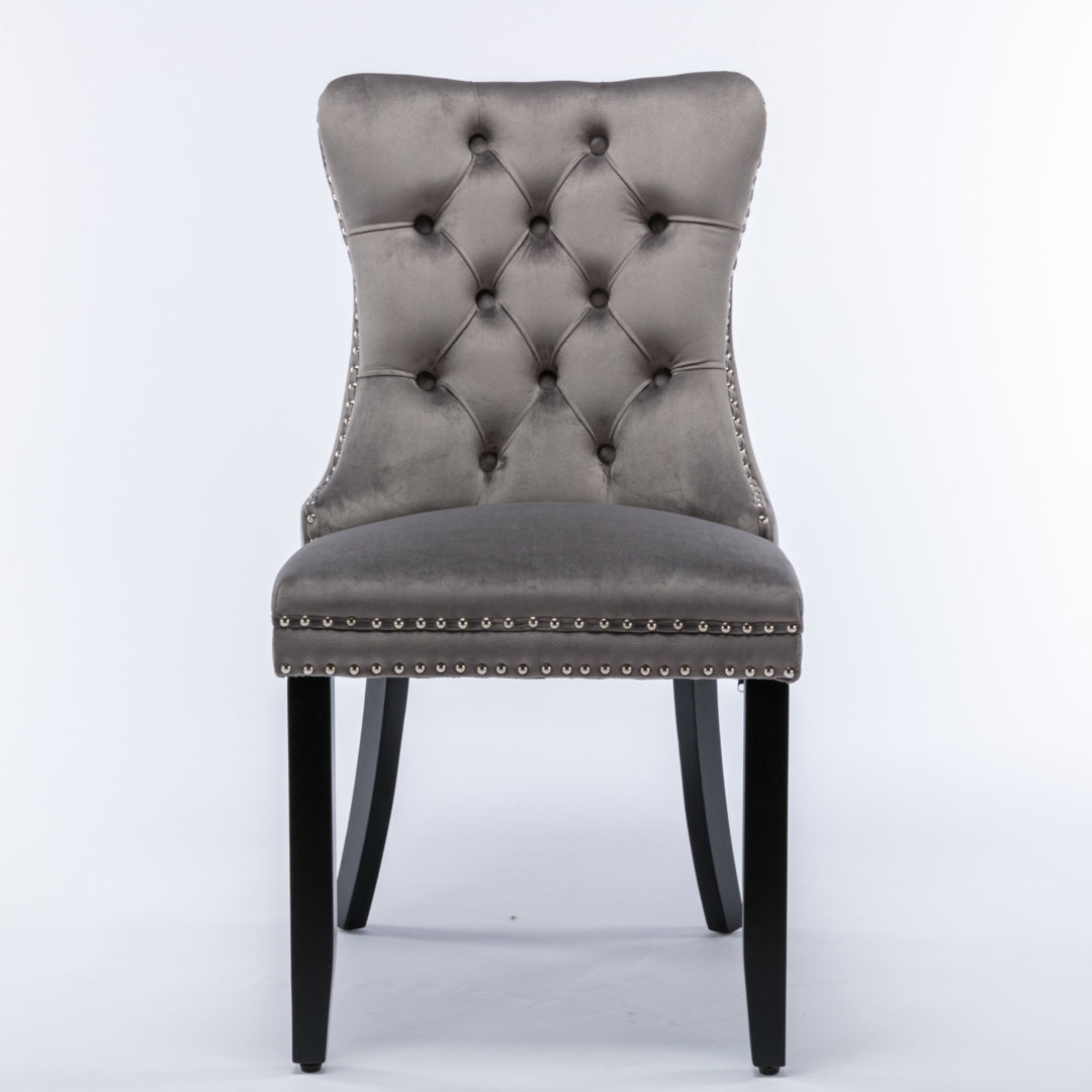 Grey Velvet Tufted Dining Chairs with Solid Wood Legs (Set of 2)