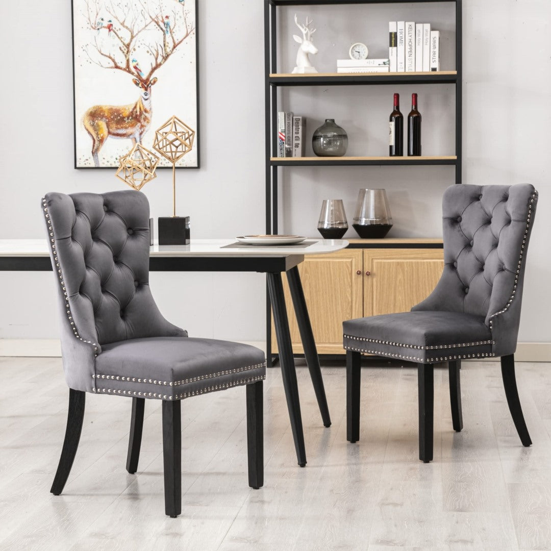 Grey Velvet Tufted Dining Chairs with Solid Wood Legs (Set of 2)