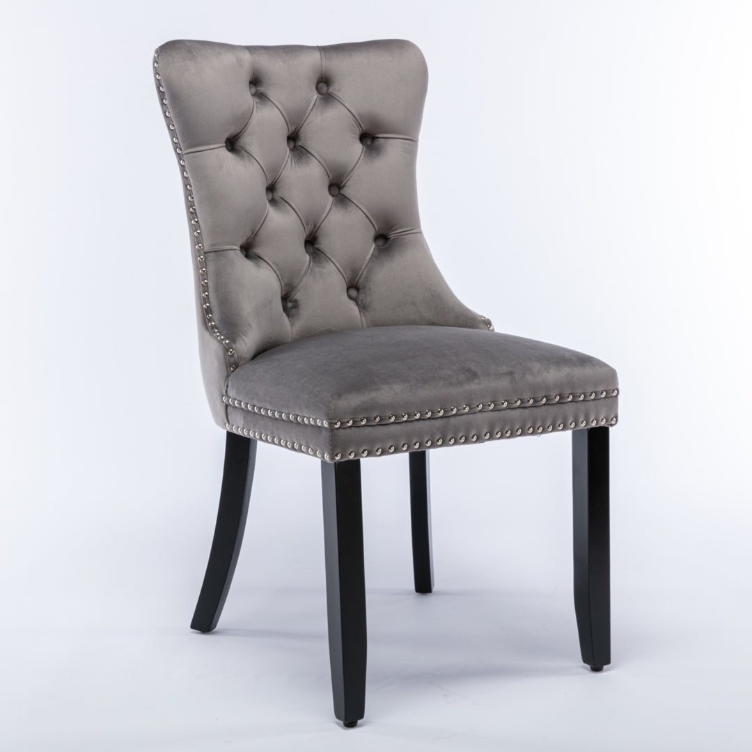 Grey Velvet Tufted Dining Chairs with Solid Wood Legs (Set of 2)