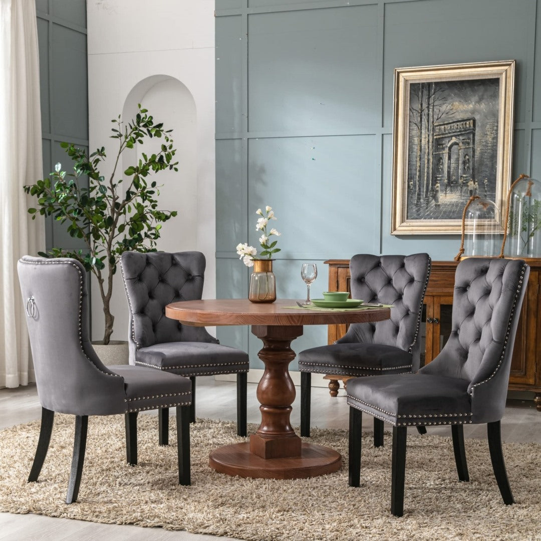Grey Velvet Tufted Dining Chairs with Solid Wood Legs (Set of 2)