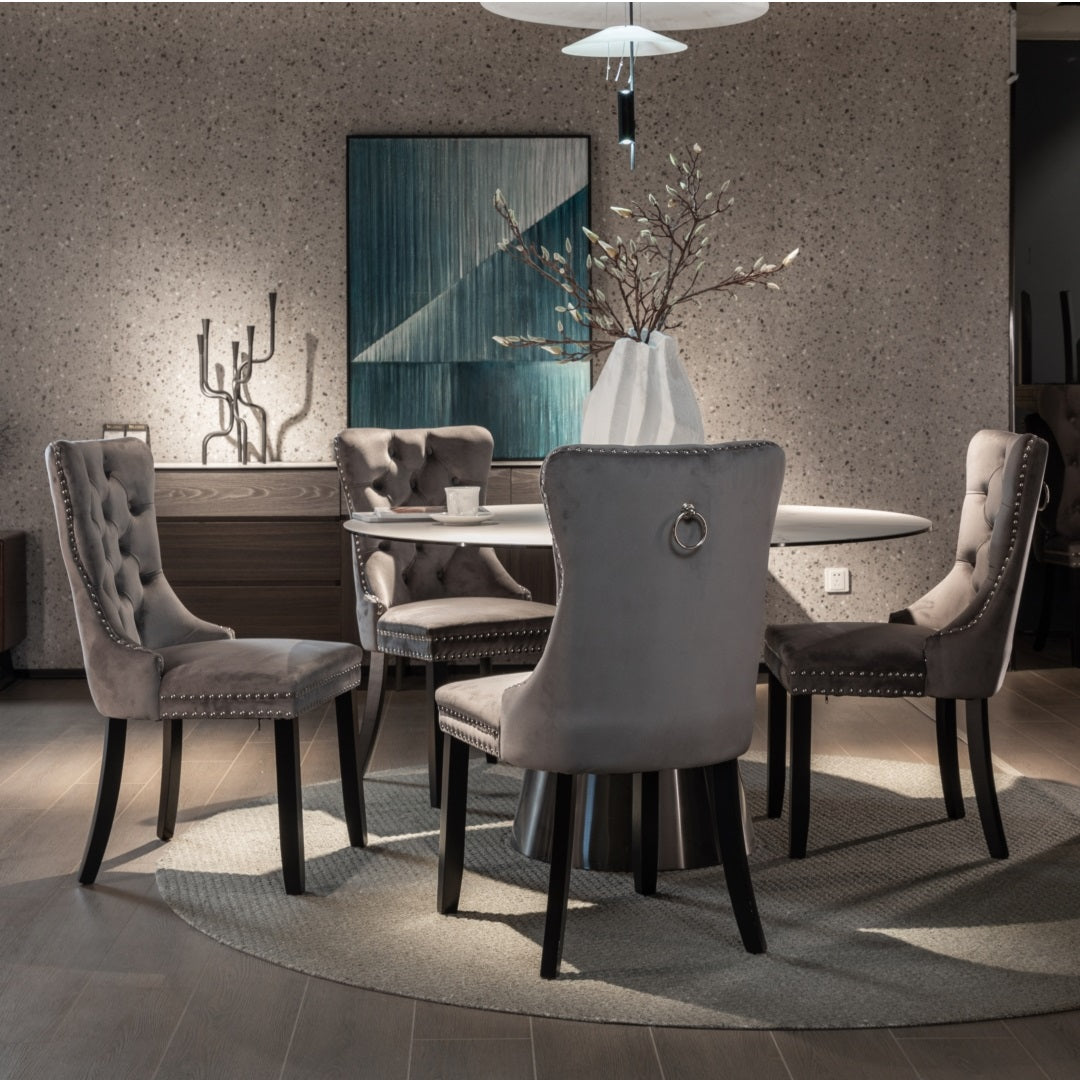 Grey Velvet Tufted Dining Chairs with Solid Wood Legs (Set of 2)