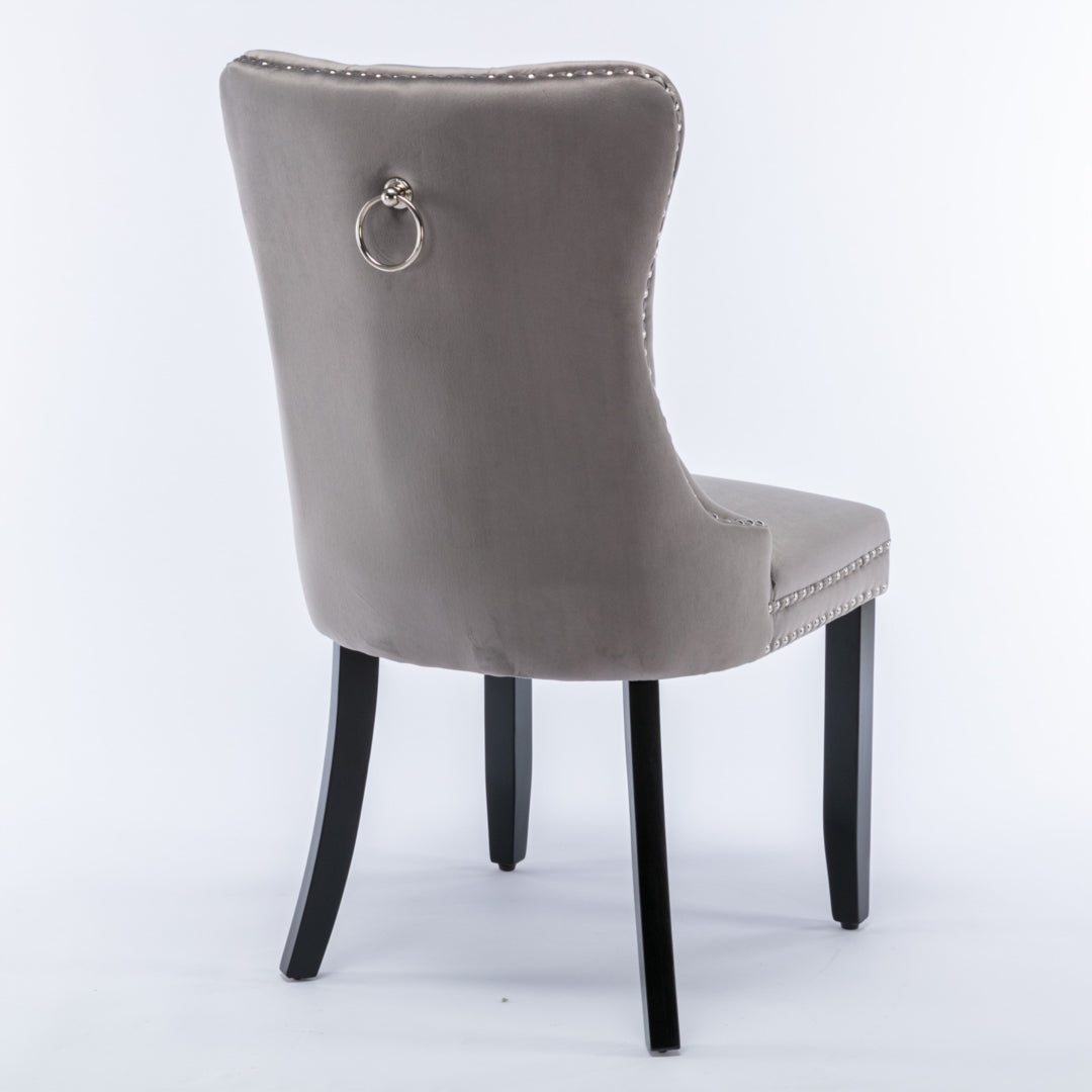 Grey Velvet Tufted Dining Chairs with Solid Wood Legs (Set of 2)