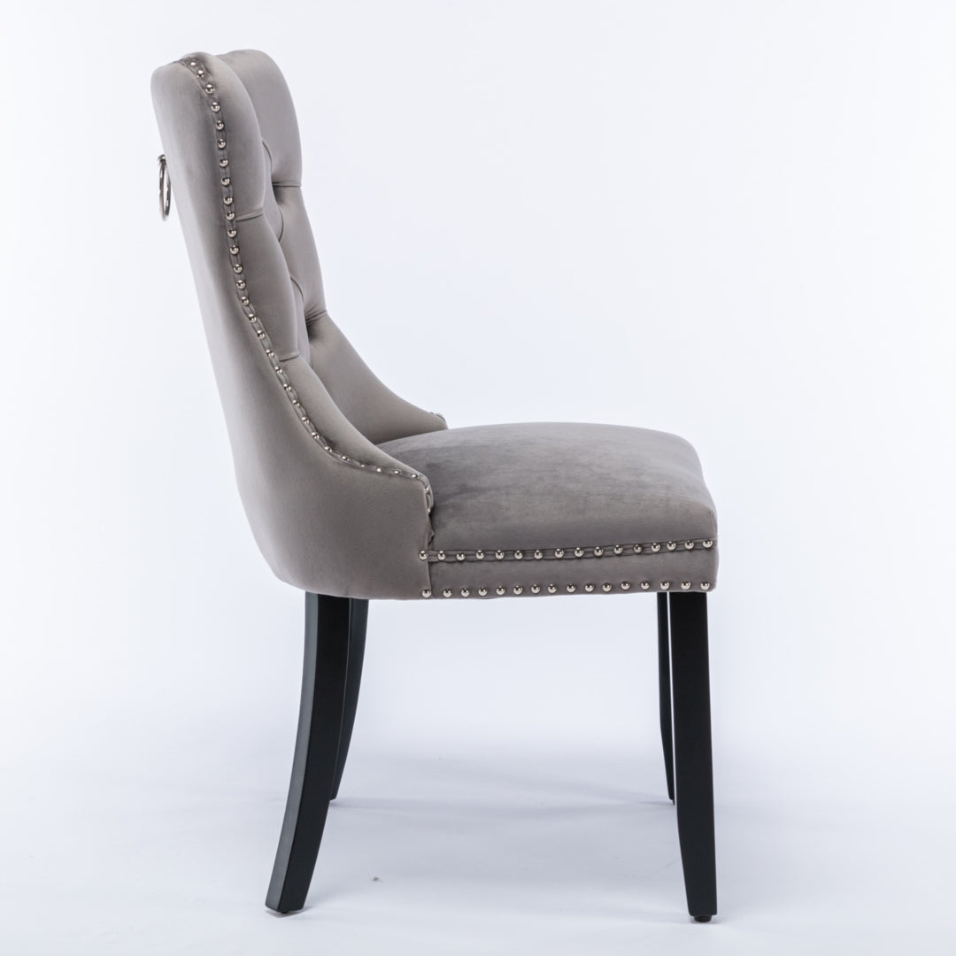 Grey Velvet Tufted Dining Chairs with Solid Wood Legs (Set of 2)