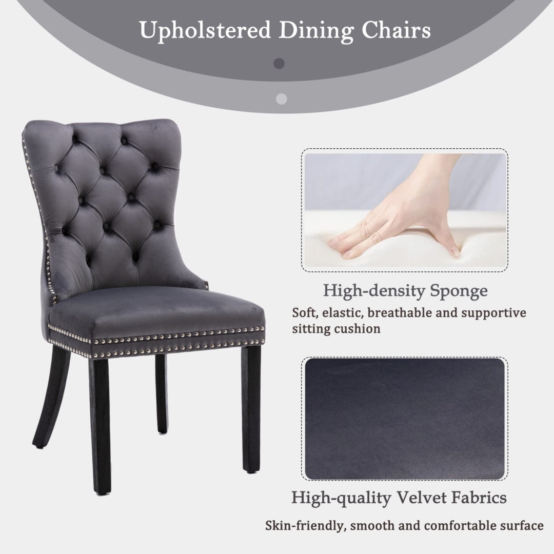 Grey Velvet Tufted Dining Chairs with Solid Wood Legs (Set of 2)