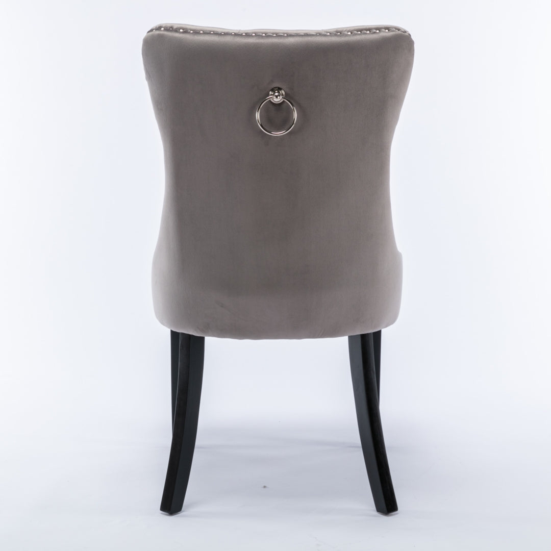 Grey Velvet Tufted Dining Chairs with Solid Wood Legs (Set of 2)