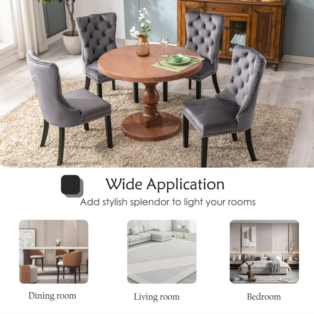 Grey Velvet Tufted Dining Chairs with Solid Wood Legs (Set of 2)