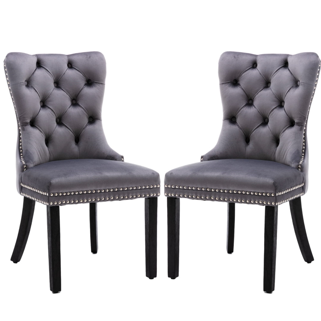 Grey Velvet Tufted Dining Chairs with Solid Wood Legs (Set of 2)