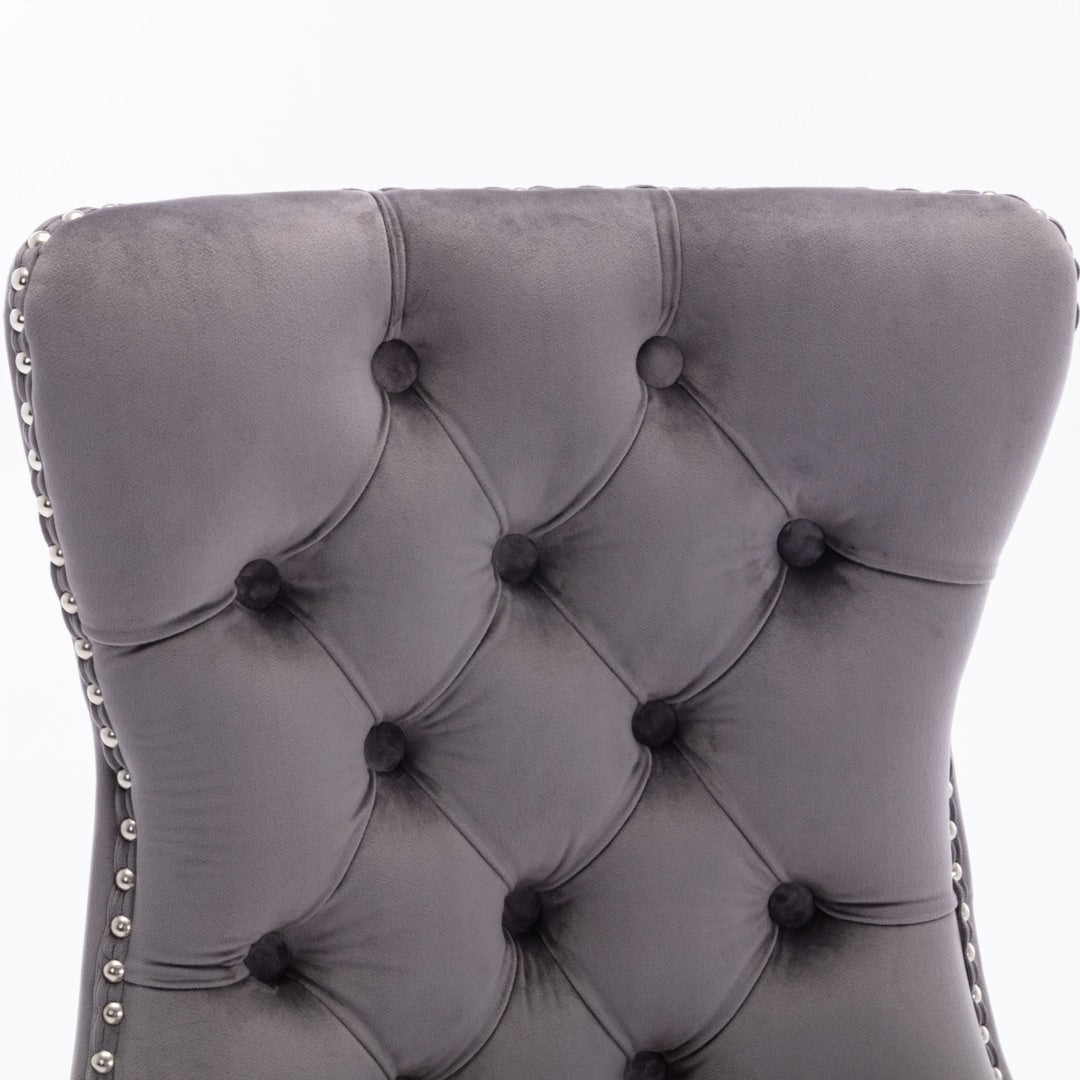 Grey Velvet Tufted Dining Chairs with Solid Wood Legs (Set of 2)