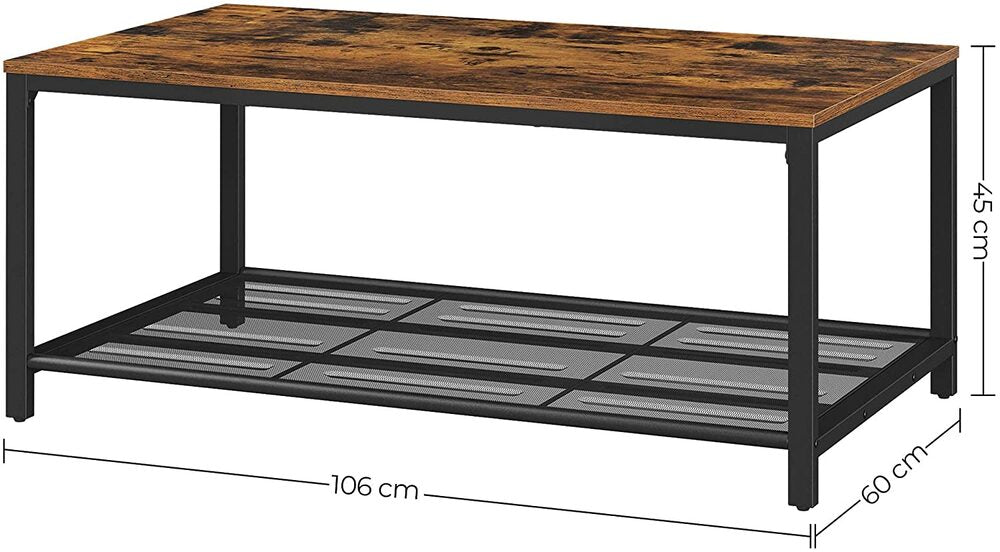 Industrial Rustic Brown Coffee Table with Mesh Storage Shelf-Furniture > Living Room > Coffee Tables-Nomica Living