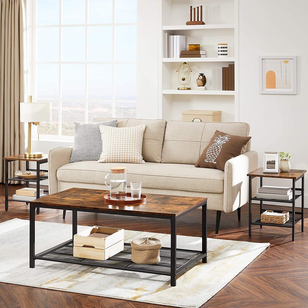 Industrial Rustic Brown Coffee Table with Mesh Storage Shelf-Furniture > Living Room > Coffee Tables-Nomica Living