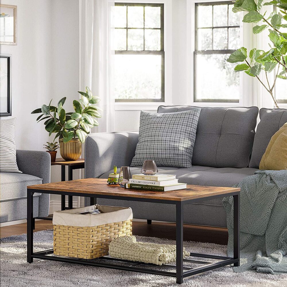 Industrial Rustic Brown Coffee Table with Mesh Storage Shelf-Furniture > Living Room > Coffee Tables-Nomica Living