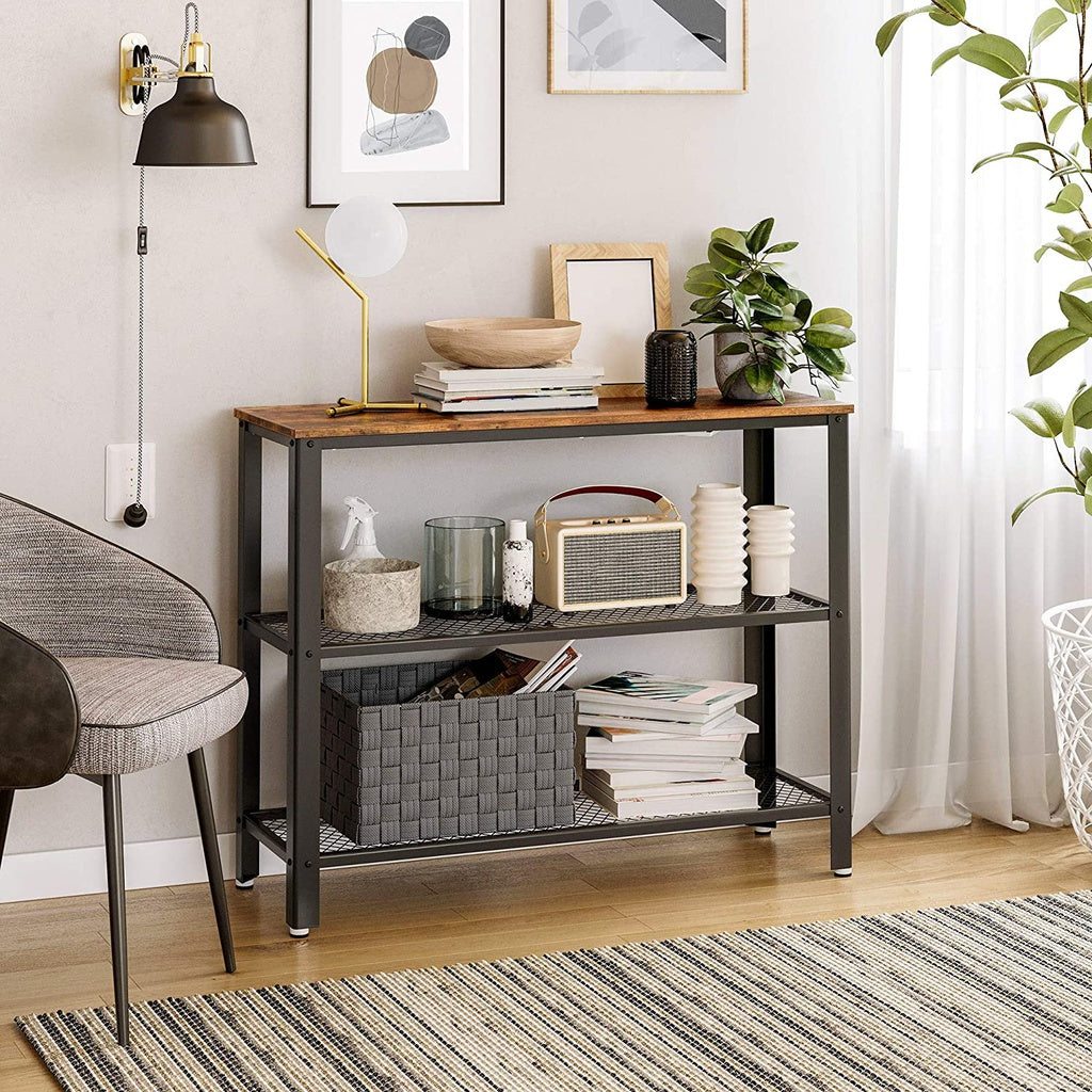 Industrial Mesh Shelf Console Table in Rustic Brown and Black-Furniture > Living Room > Side Tables-Nomica Living