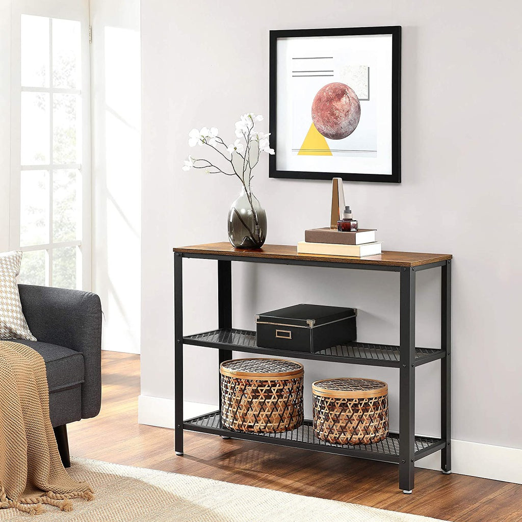 Industrial Mesh Shelf Console Table in Rustic Brown and Black-Furniture > Living Room > Side Tables-Nomica Living