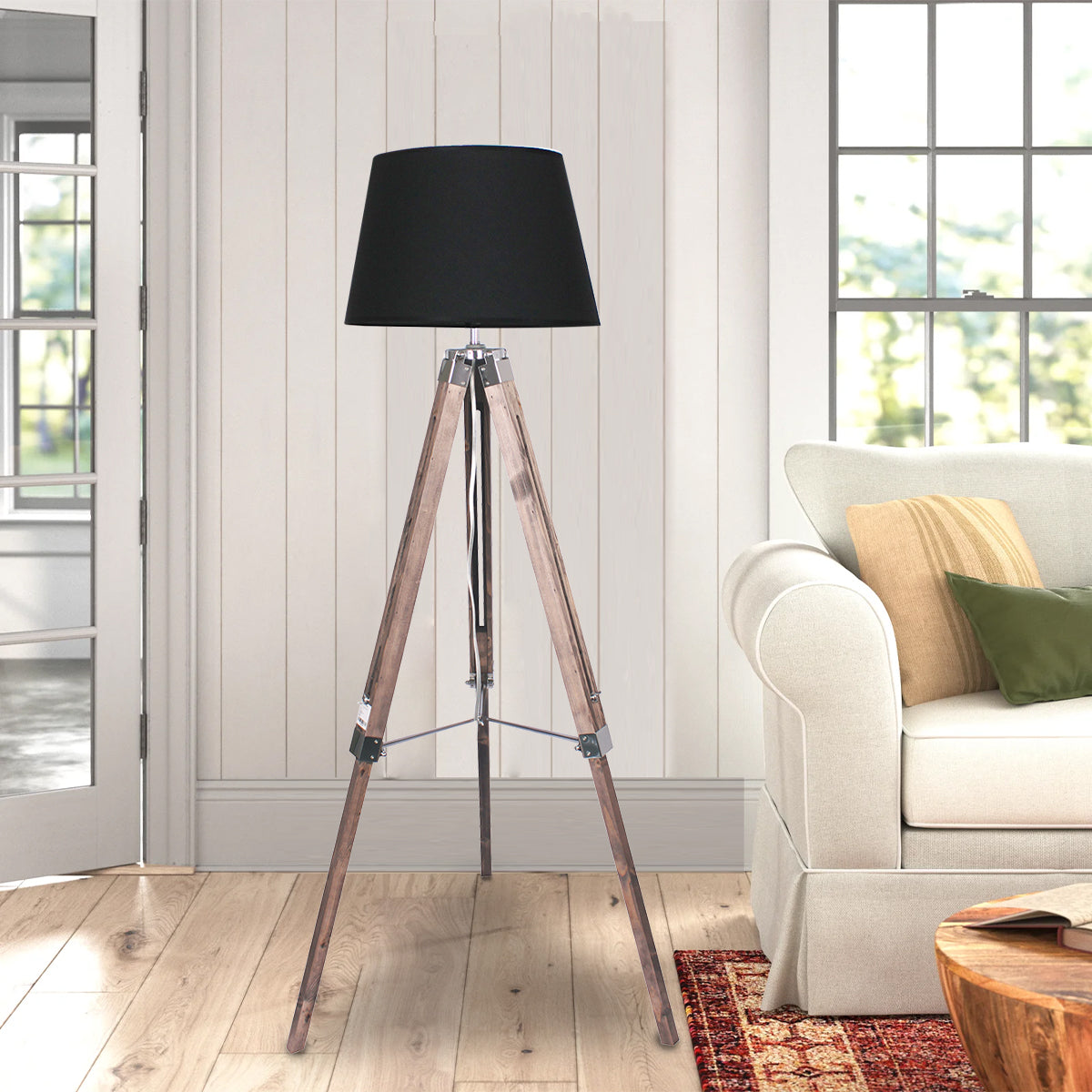 Timber Tripod Floor Lamp Adjustable Height - Taper Fabric Shade-Home & Garden > Lighting > Floor Lamps-Nomica Living