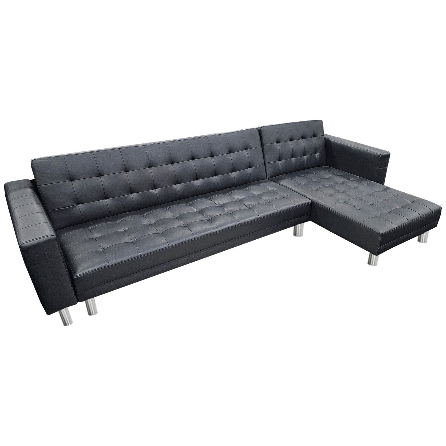 Faux Leather Corner Sofa Bed with Chaise - Black-Furniture > Sofas > Sofas & Sofa Beds-Nomica Living