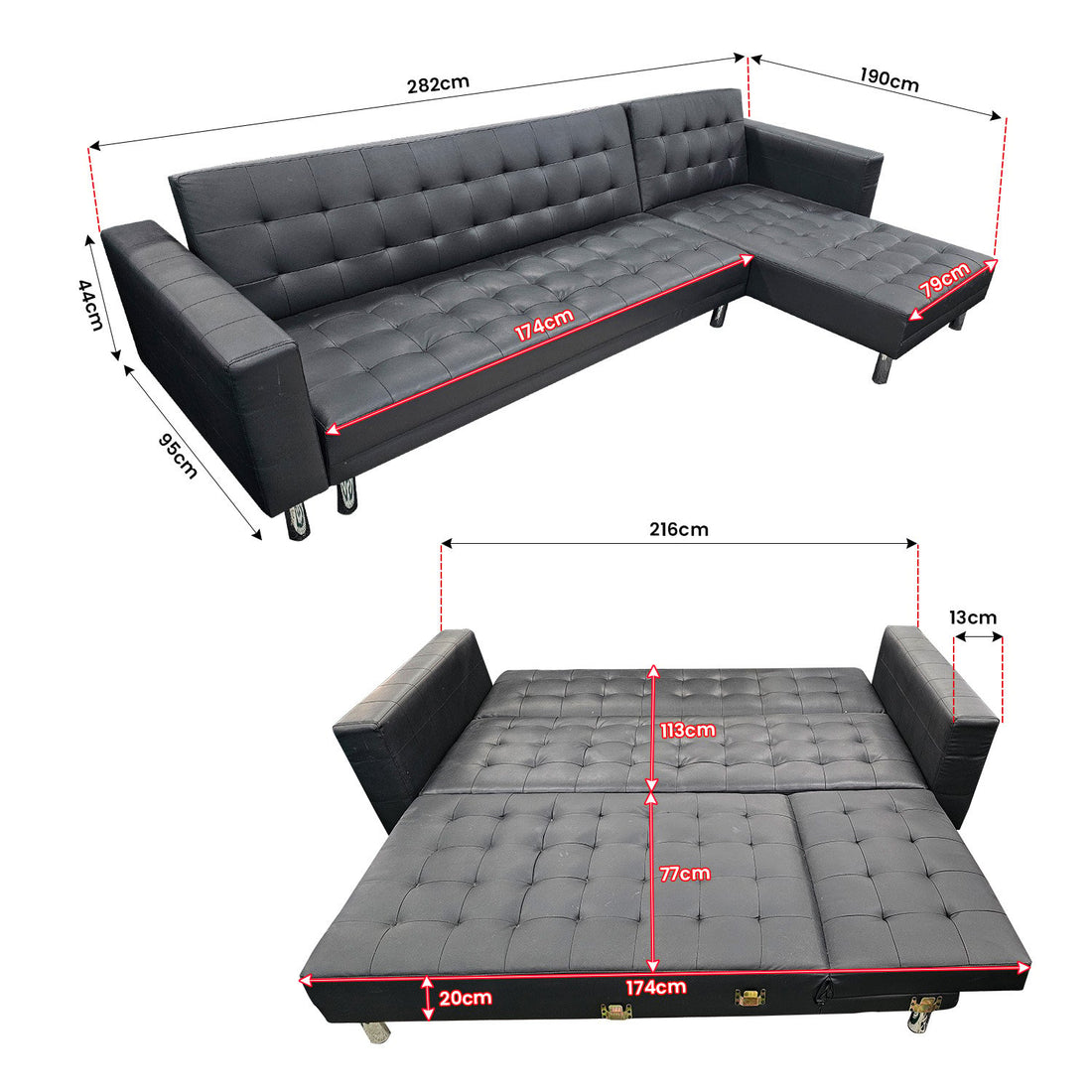 Faux Leather Corner Sofa Bed with Chaise - Black-Furniture > Sofas > Sofas & Sofa Beds-Nomica Living