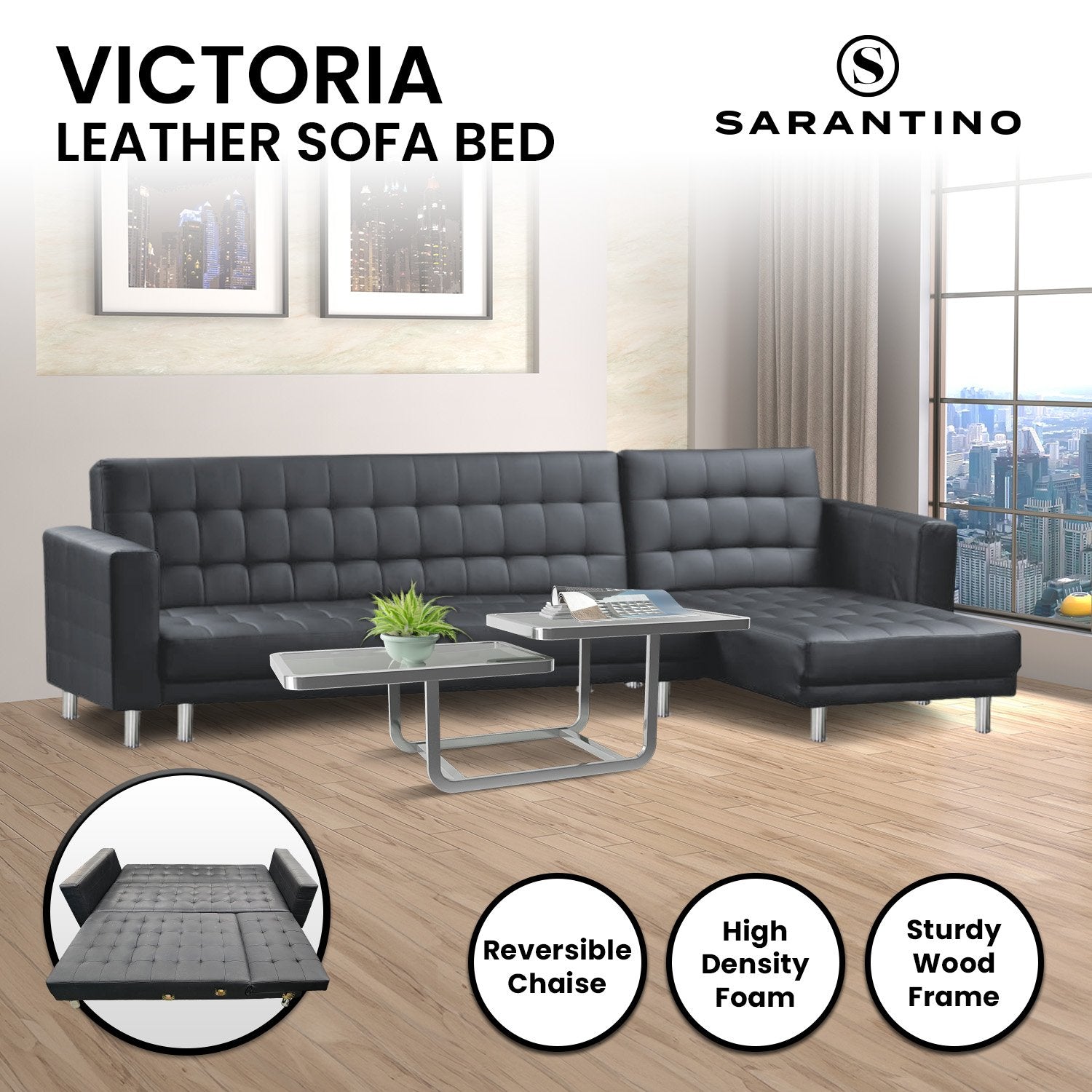 Faux Leather Corner Sofa Bed with Chaise - Black-Furniture > Sofas > Sofas & Sofa Beds-Nomica Living