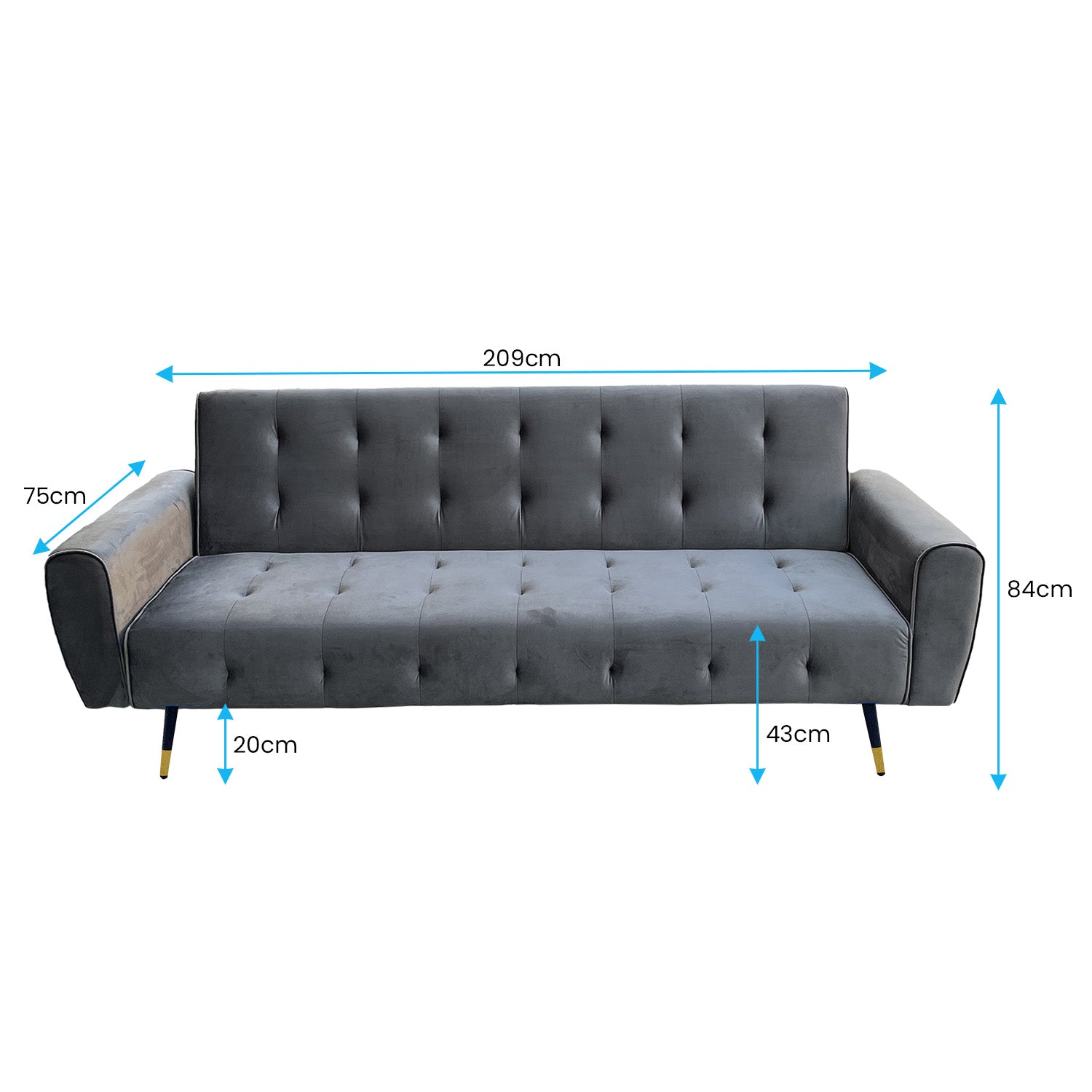 Ava 3-Seater Tufted Velvet Sofa Bed - Dark Grey-Furniture > Sofas > Sofas & Sofa Beds-Nomica Living