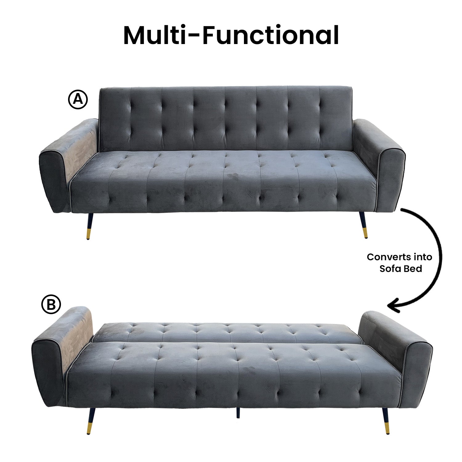 Ava 3-Seater Tufted Velvet Sofa Bed - Dark Grey-Furniture > Sofas > Sofas & Sofa Beds-Nomica Living