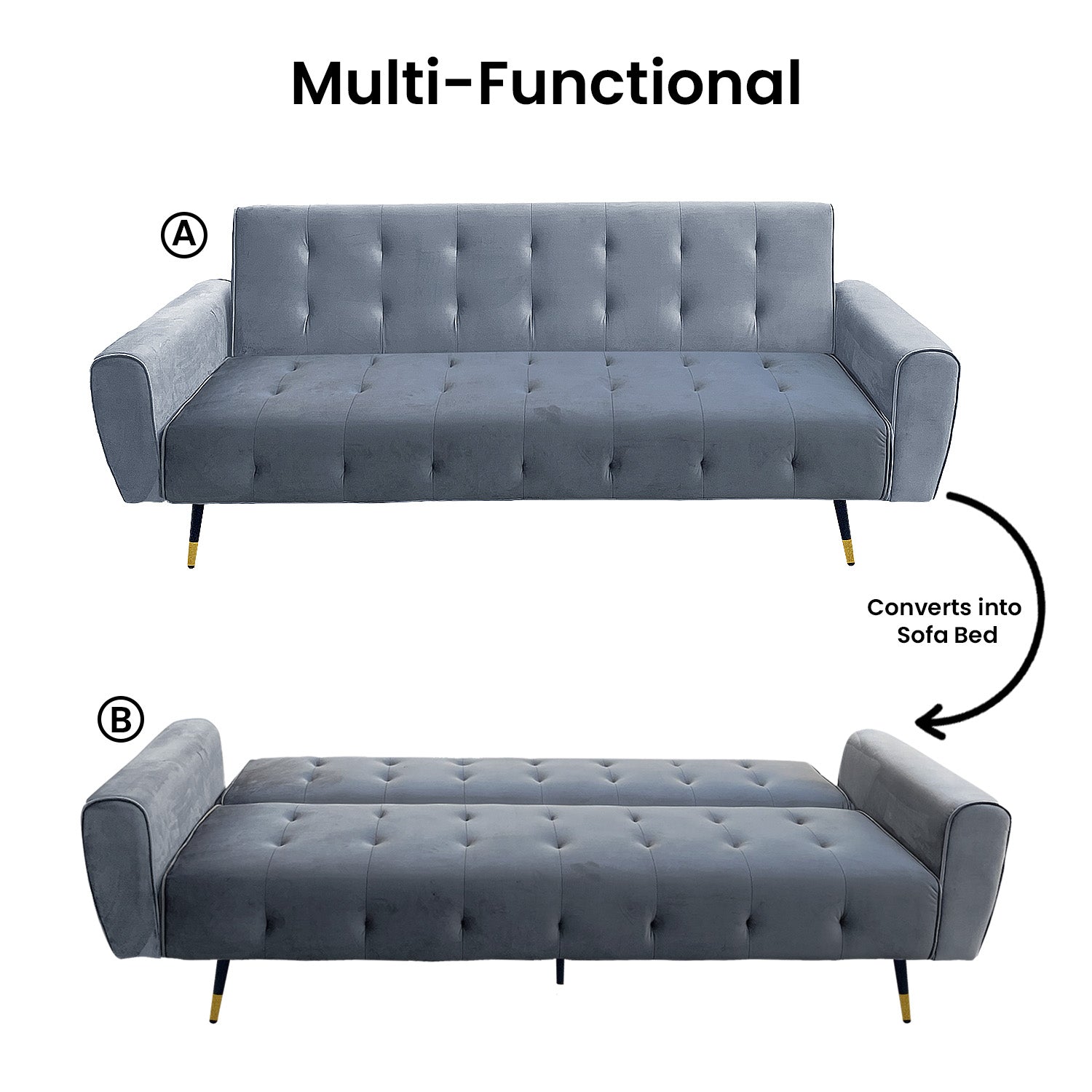 Ava 3-Seater Tufted Velvet Sofa Bed - Light Grey-Furniture > Sofas > Sofas & Sofa Beds-Nomica Living