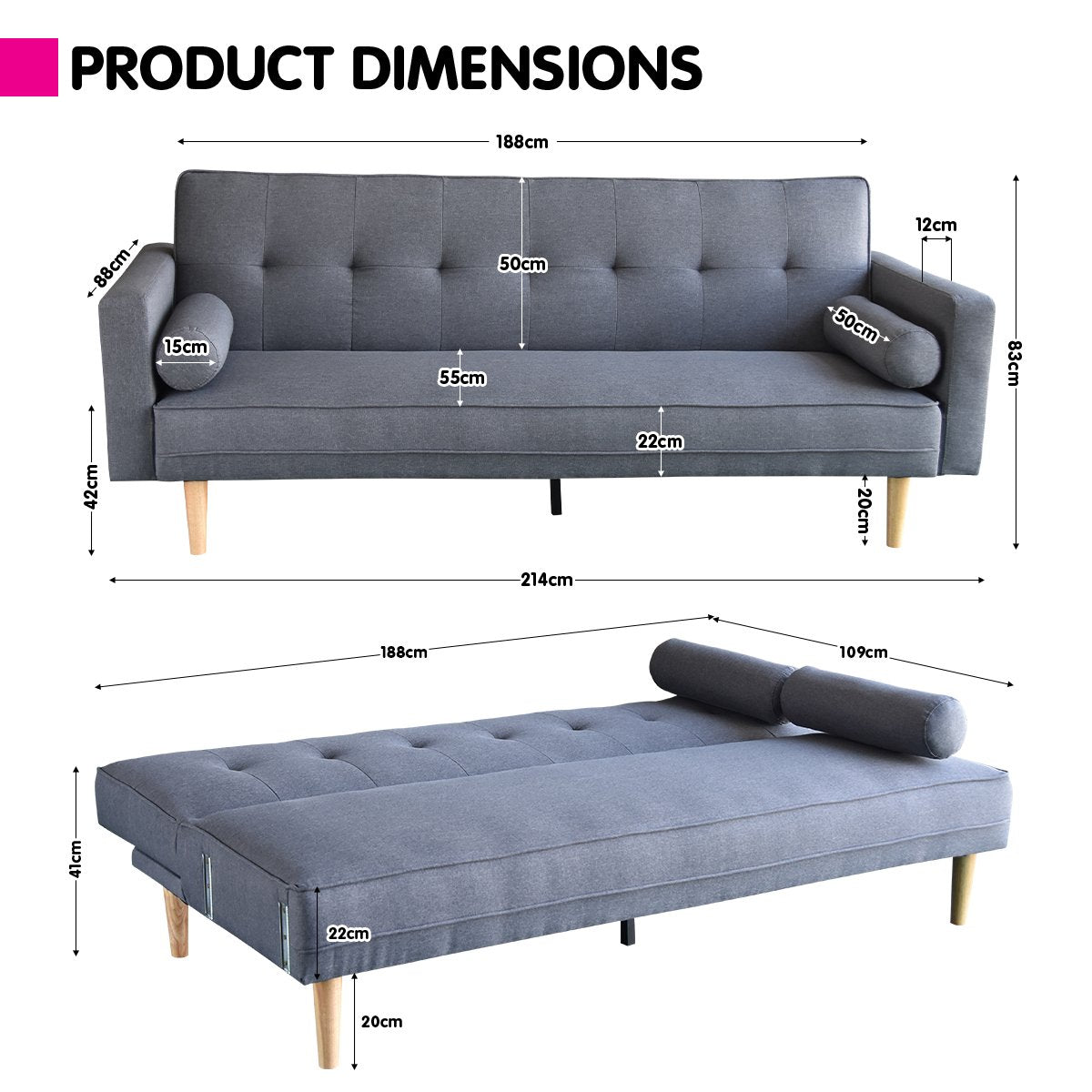 Madison 3-Seater Sofa Bed Lounge Couch Futon Linen Suite - Dark Grey-Furniture > Sofas > Sofas & Sofa Beds-Nomica Living