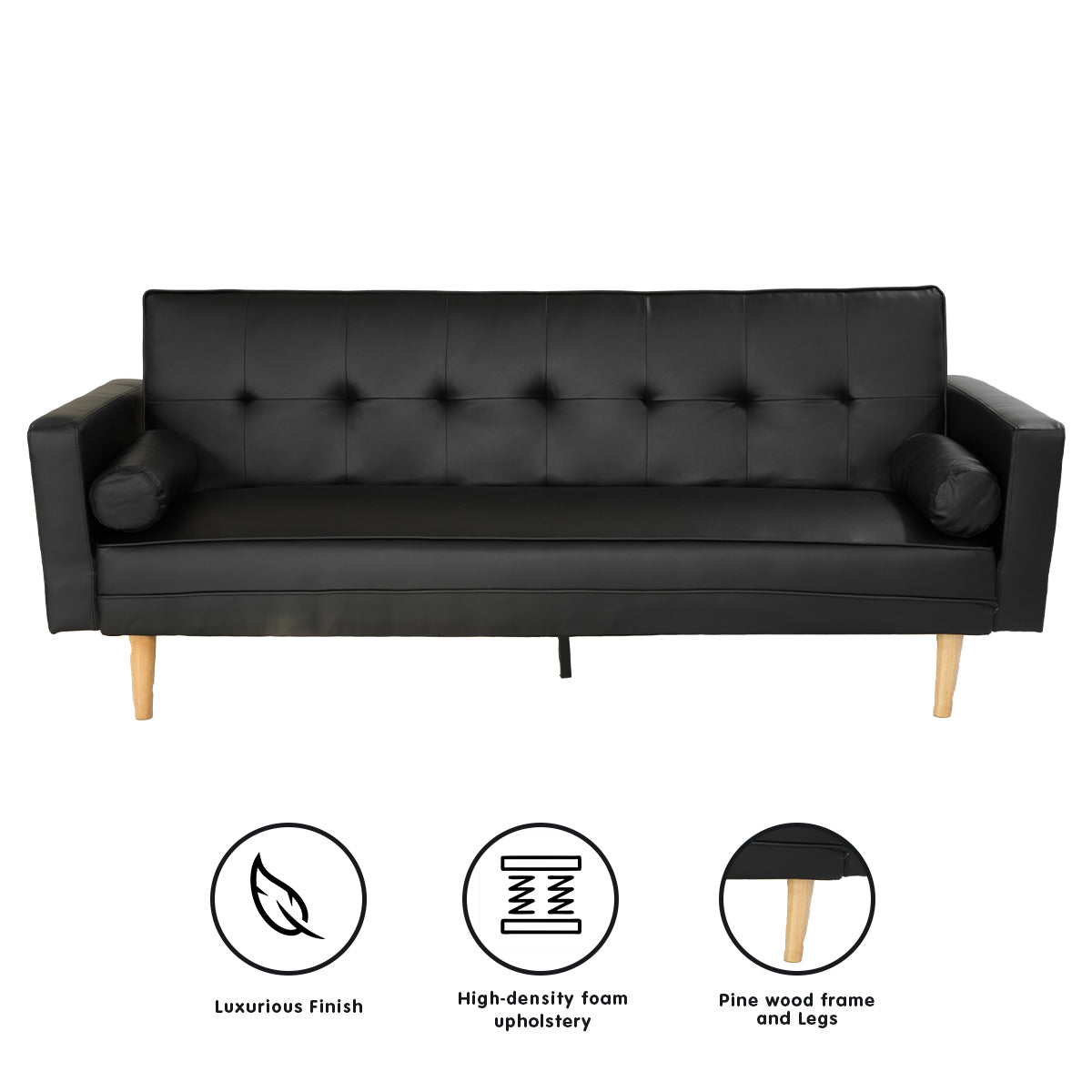 Madison 3-Seater Faux Leather Sofa Bed Lounge Couch - Black-Furniture > Sofas > Sofas & Sofa Beds-Nomica Living