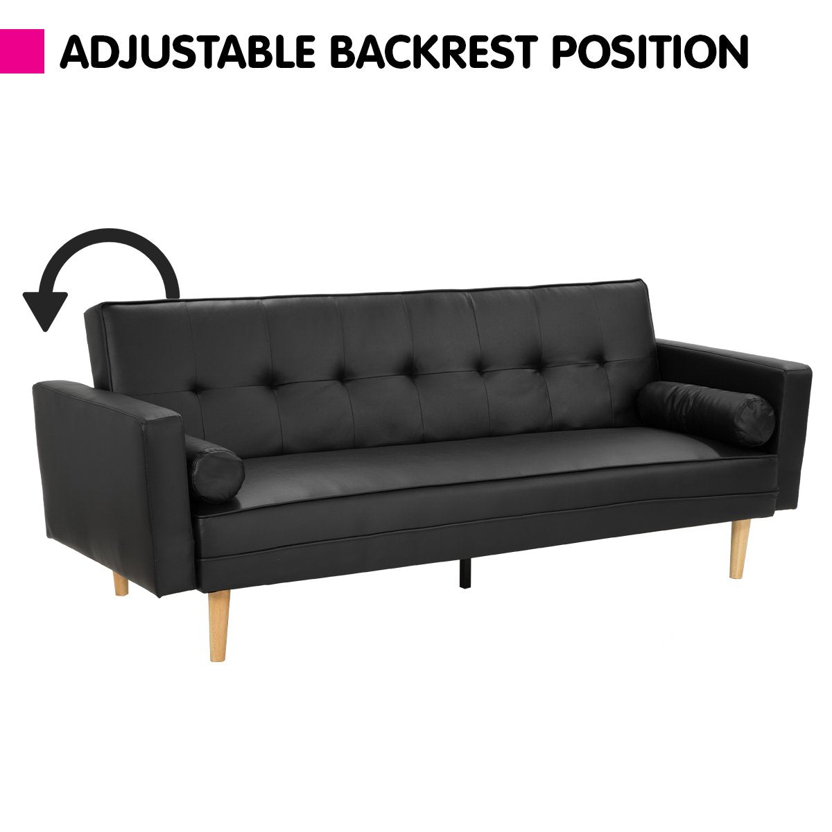 Madison 3-Seater Faux Leather Sofa Bed Lounge Couch - Black-Furniture > Sofas > Sofas & Sofa Beds-Nomica Living