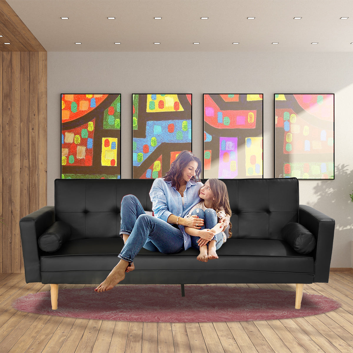 Madison 3-Seater Faux Leather Sofa Bed Lounge Couch - Black-Furniture > Sofas > Sofas & Sofa Beds-Nomica Living