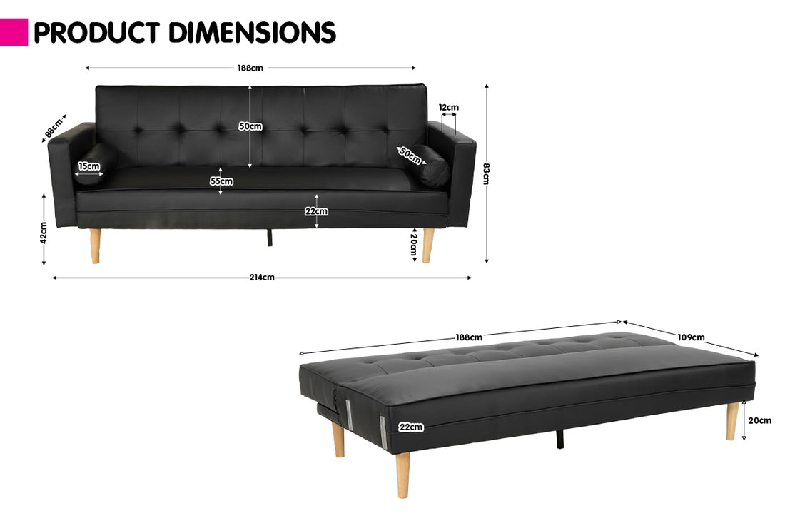 Madison 3-Seater Faux Leather Sofa Bed Lounge Couch - Black-Furniture > Sofas > Sofas & Sofa Beds-Nomica Living
