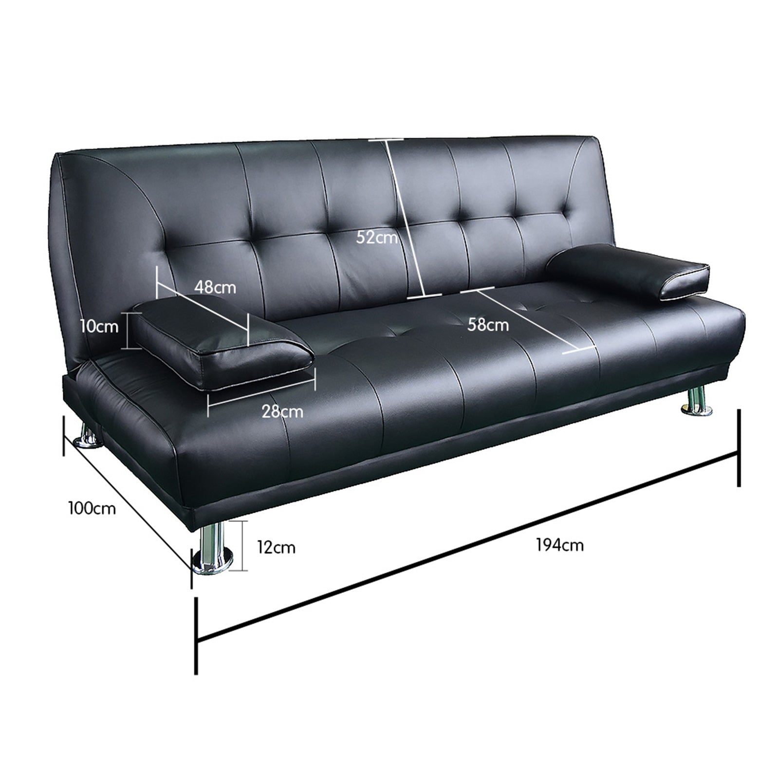Manhattan 3-Seater Sofa Bed Faux Leather Lounge Couch Futon Furniture Suite - Black-Furniture > Sofas > Sofas & Sofa Beds-Nomica Living