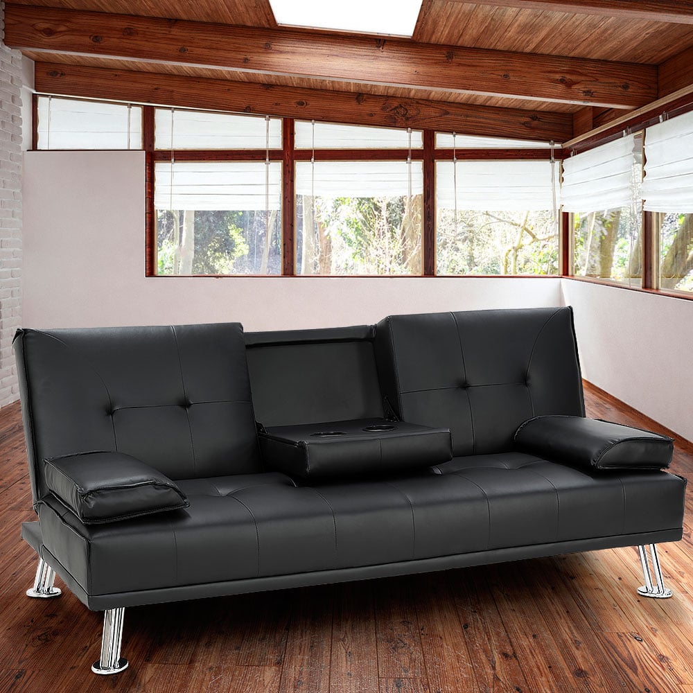 Rochester 3-Seater Faux Leather Sofa Bed Lounge Couch Futon - Black-Furniture > Sofas > Sofas & Sofa Beds-Nomica Living