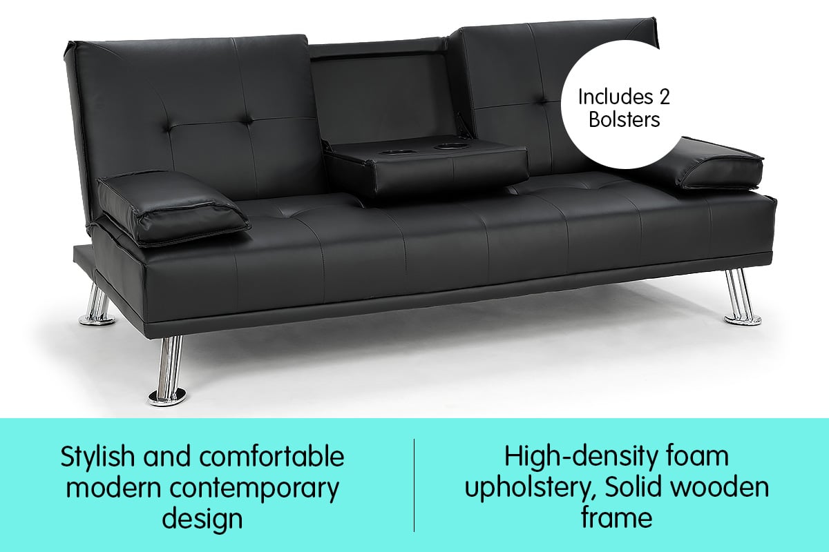Rochester 3-Seater Faux Leather Sofa Bed Lounge Couch Futon - Black-Furniture > Sofas > Sofas & Sofa Beds-Nomica Living