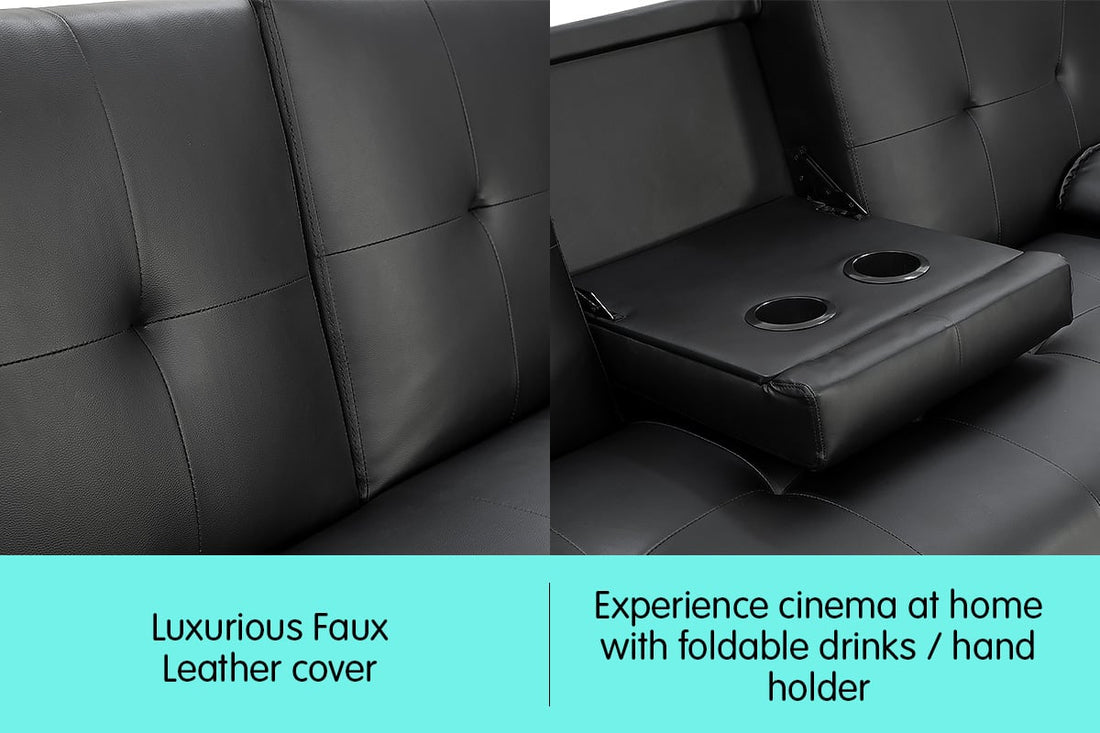 Rochester 3-Seater Faux Leather Sofa Bed Lounge Couch Futon - Black-Furniture > Sofas > Sofas & Sofa Beds-Nomica Living