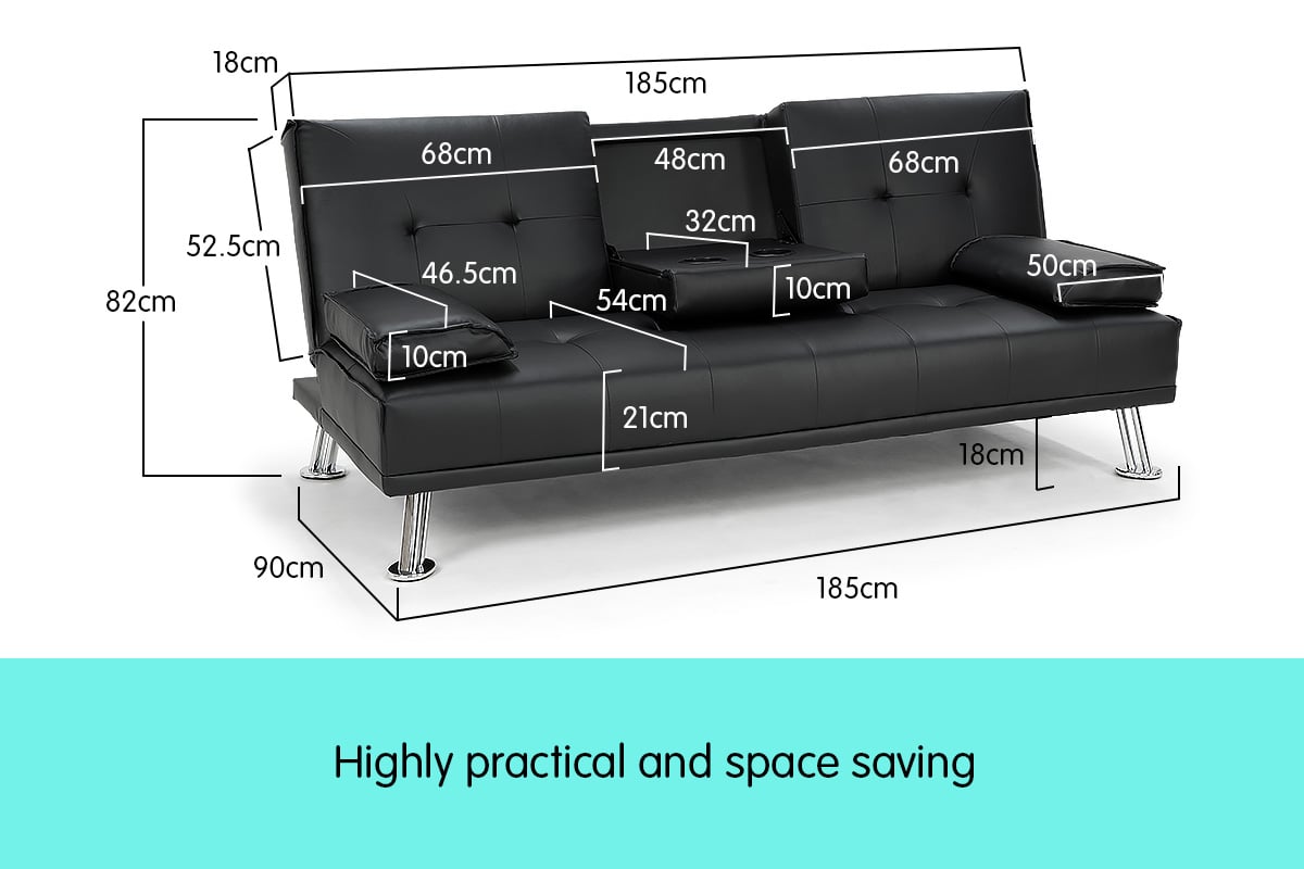Rochester 3-Seater Faux Leather Sofa Bed Lounge Couch Futon - Black-Furniture > Sofas > Sofas & Sofa Beds-Nomica Living