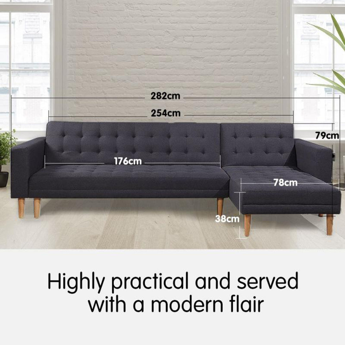 Linen Corner Sofa Bed with Chaise - Dark Grey-Furniture > Sofas > Sofas & Sofa Beds-Nomica Living
