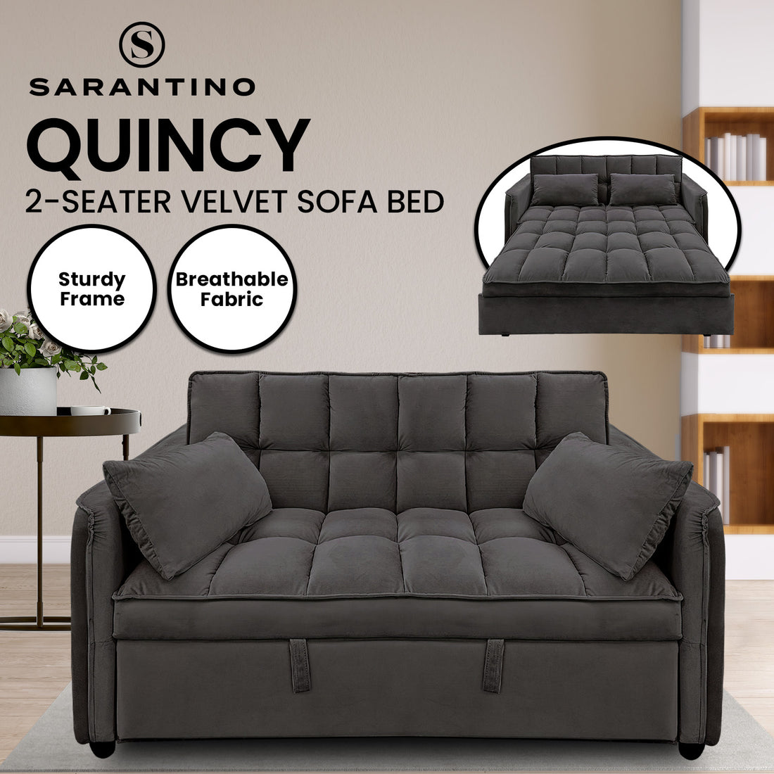 Quincy 2-Seater Velvet Sofa Bed with Wooden Frame and Tufted Design - Dark Grey-Furniture > Sofas > Sofas & Sofa Beds-Nomica Living