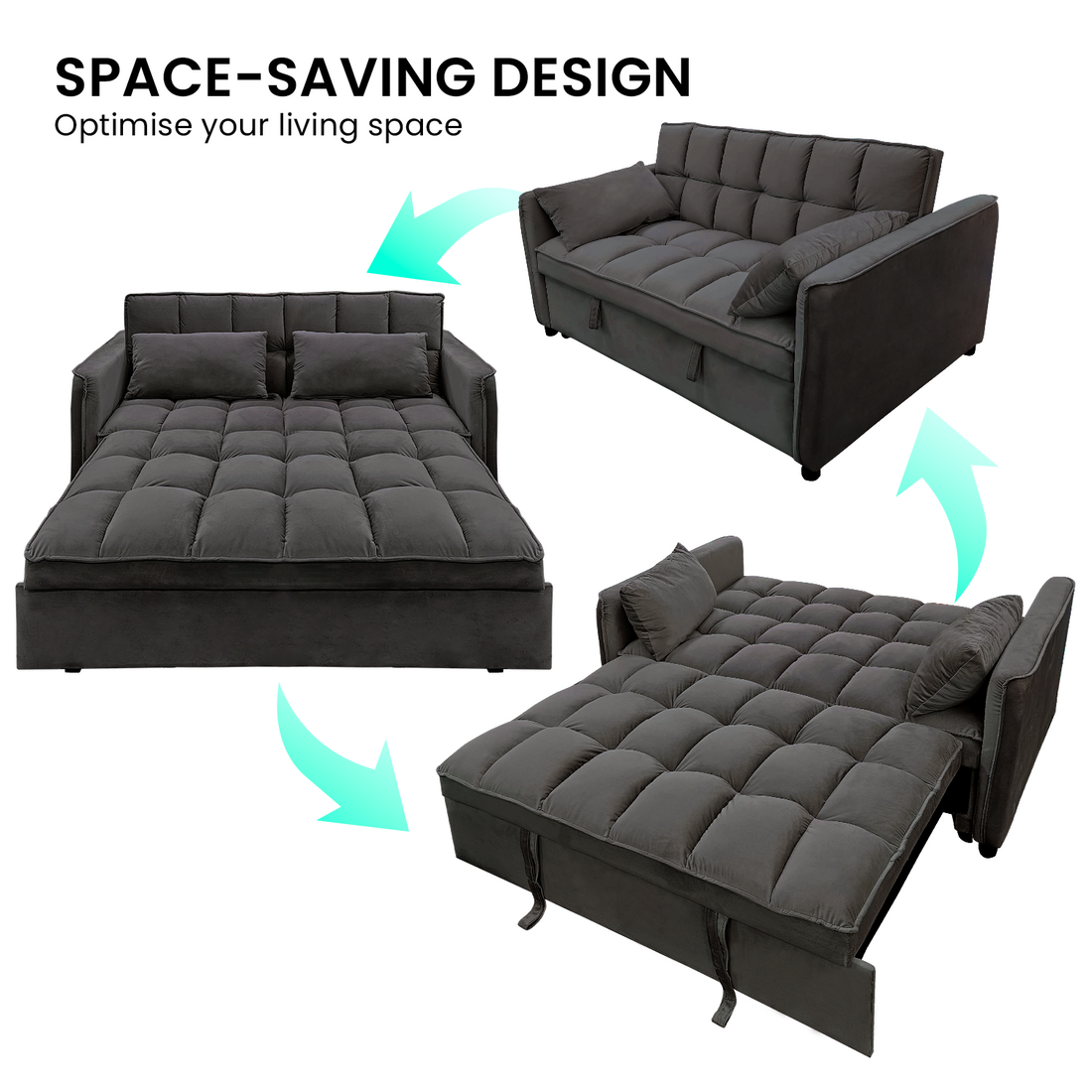 Quincy 2-Seater Velvet Sofa Bed with Wooden Frame and Tufted Design - Dark Grey-Furniture > Sofas > Sofas & Sofa Beds-Nomica Living