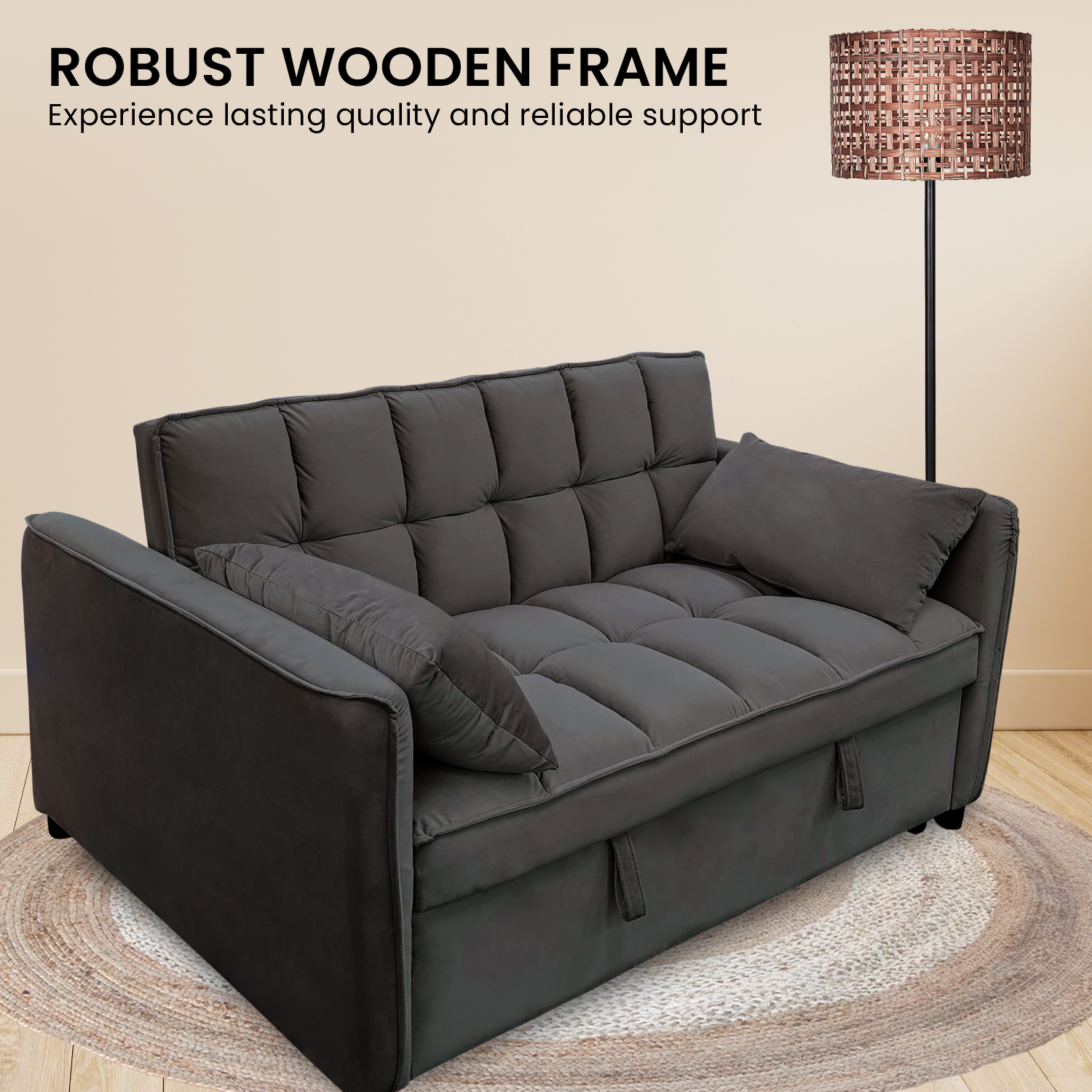 Quincy 2-Seater Velvet Sofa Bed with Wooden Frame and Tufted Design - Dark Grey-Furniture > Sofas > Sofas & Sofa Beds-Nomica Living