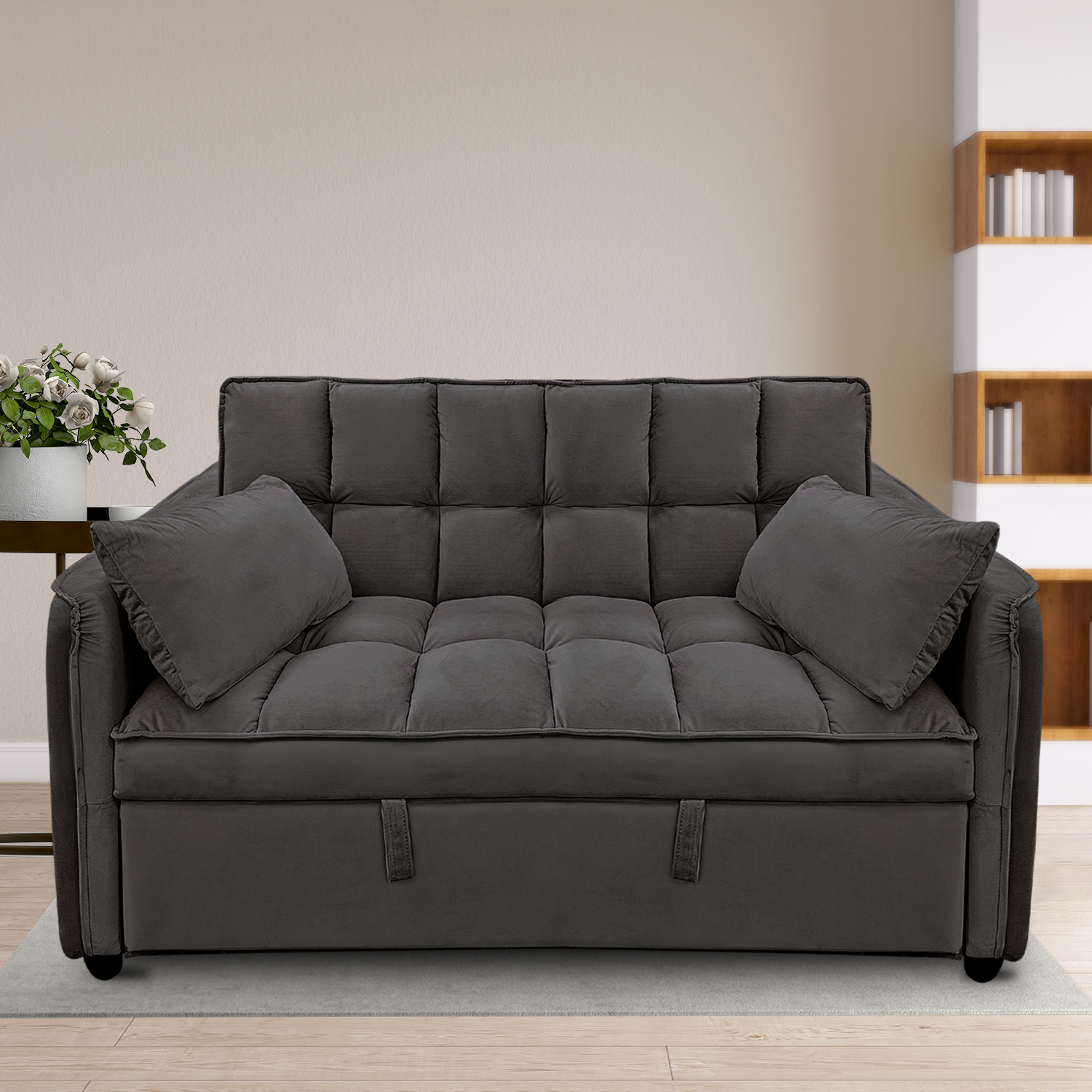 Quincy 2-Seater Velvet Sofa Bed with Wooden Frame and Tufted Design - Dark Grey-Furniture > Sofas > Sofas & Sofa Beds-Nomica Living