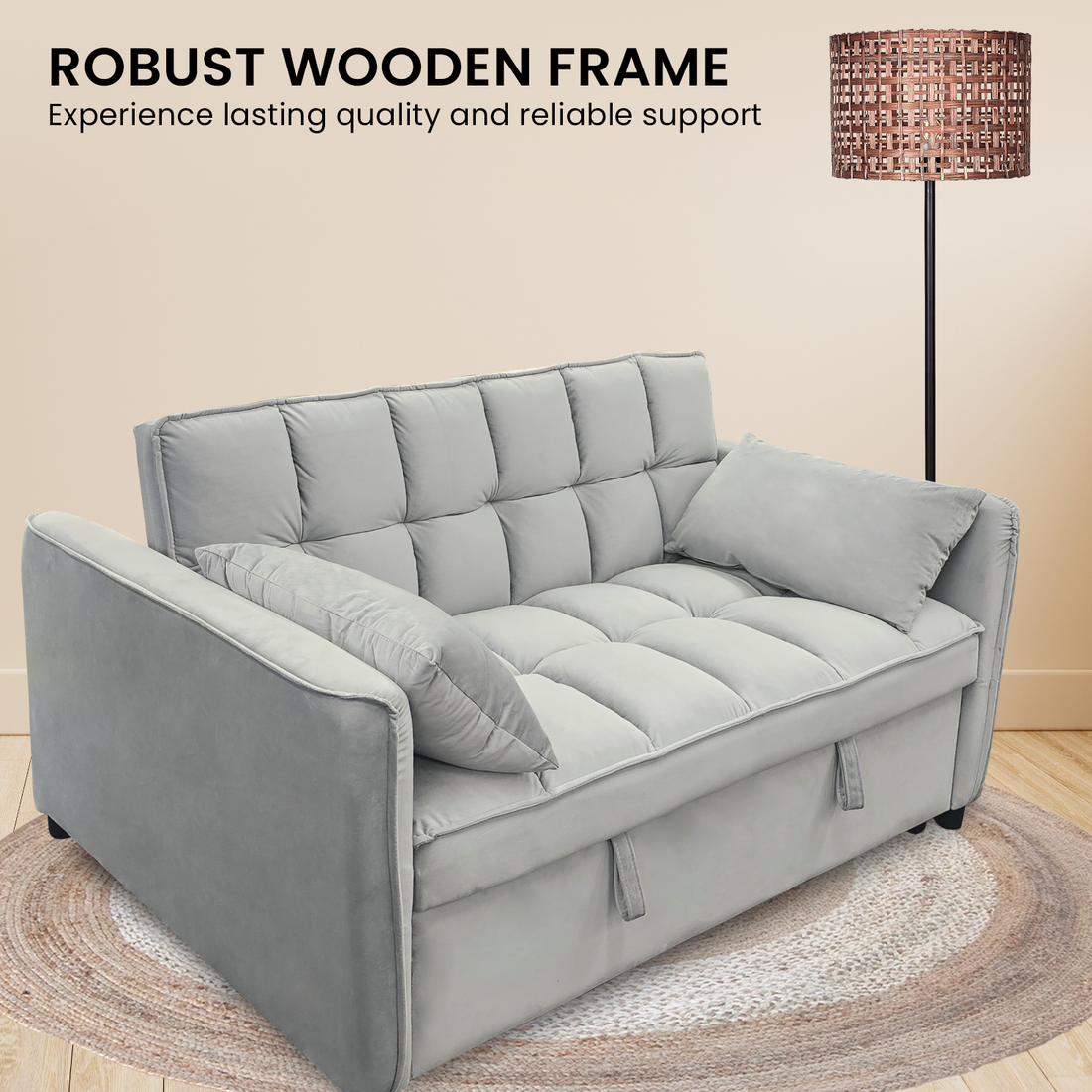 Quincy 2-Seater Velvet Sofa Bed with Wooden Frame and Tufted Design - Light Grey-Furniture > Sofas > Sofas & Sofa Beds-Nomica Living