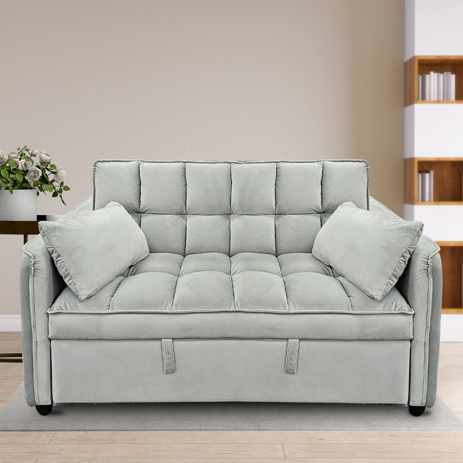 Quincy 2-Seater Velvet Sofa Bed with Wooden Frame and Tufted Design - Light Grey-Furniture > Sofas > Sofas & Sofa Beds-Nomica Living