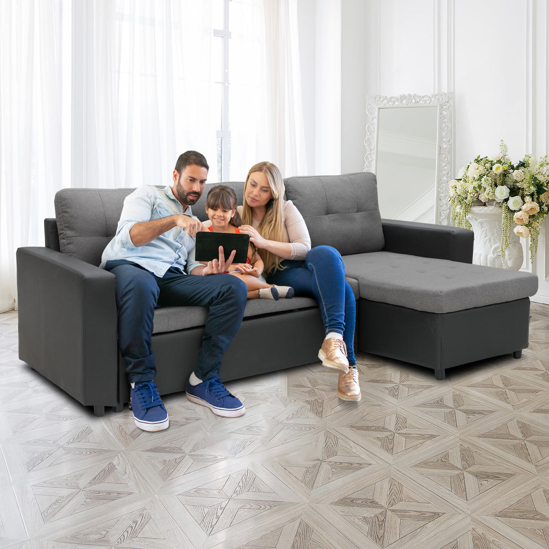 L-Shaped Corner Linen Sofa Lounge Couch – Grey-Furniture > Sofas > Sofas & Sofa Beds-Nomica Living
