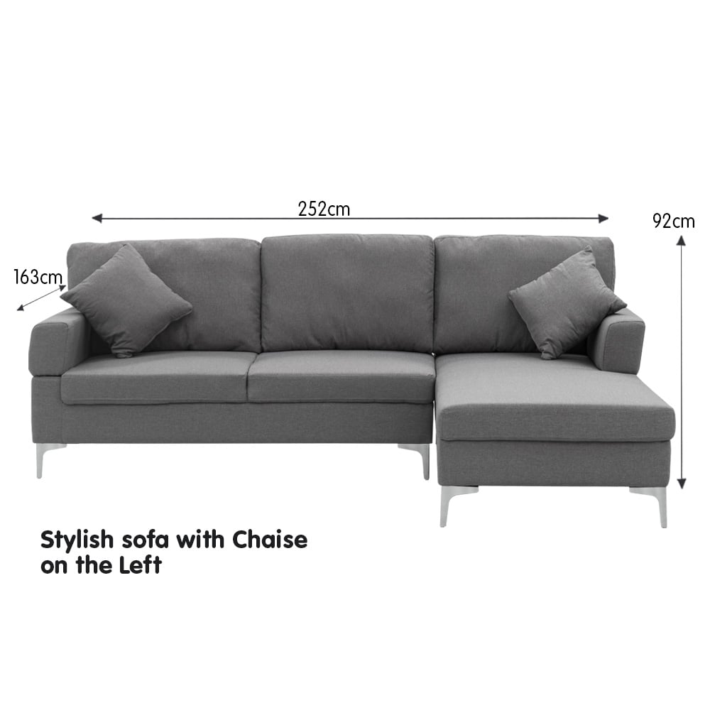 3-Seater L-Shaped Linen Sofa Lounge with Left Side Chaise - Dark Grey-Furniture > Sofas > Sofas & Sofa Beds-Nomica Living