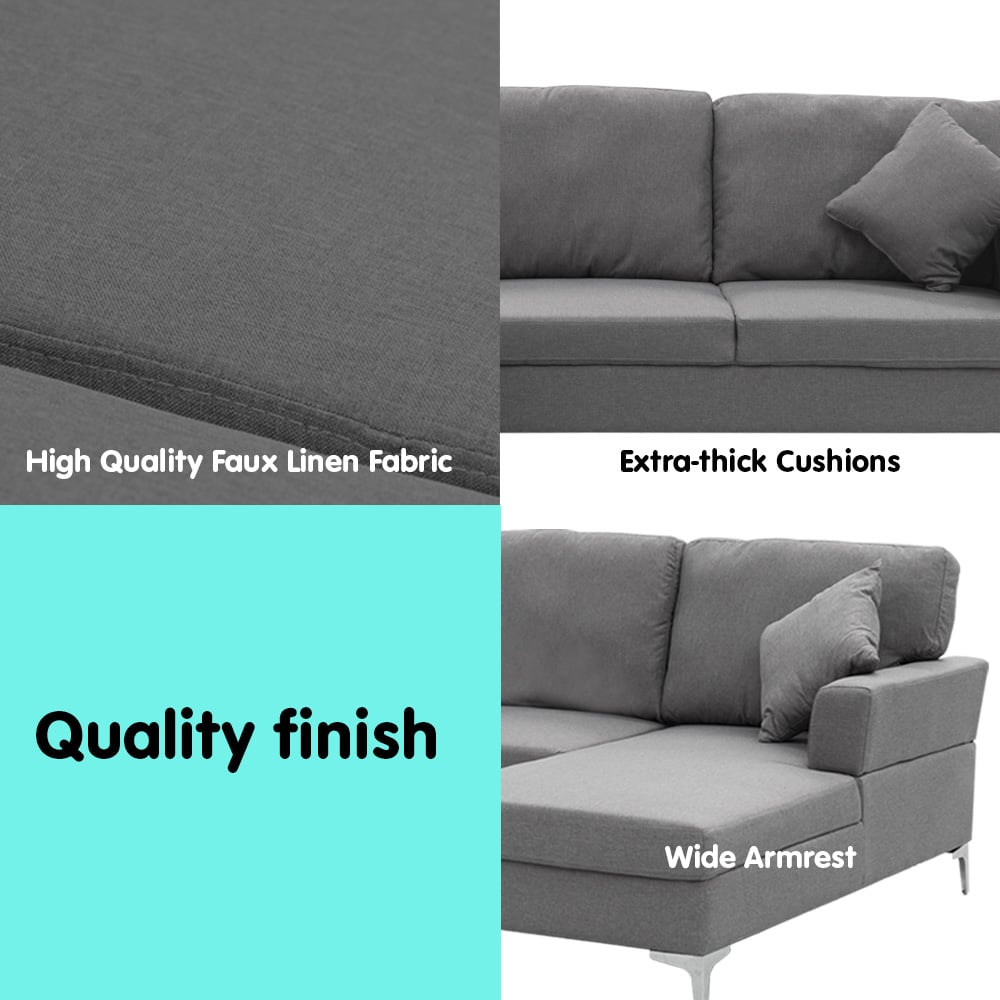 3-Seater L-Shaped Linen Sofa Lounge with Left Side Chaise - Dark Grey-Furniture > Sofas > Sofas & Sofa Beds-Nomica Living