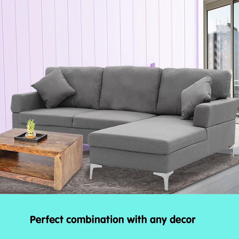 3-Seater L-Shaped Linen Sofa Lounge with Left Side Chaise - Dark Grey-Furniture > Sofas > Sofas & Sofa Beds-Nomica Living